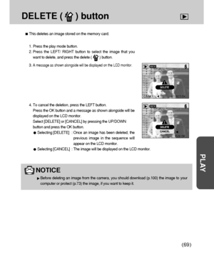 Page 6969
PLAY
DELETE (     ) button
This deletes an image stored on the memory card.
1. Press the play mode button.
2. Press the LEFT/ RIGHT button to select the image that you
want to delete, and press the delete (        ) button.
3. 
A message as shown alongside will be displayed on the LCD monitor.
NOTICE
Before deleting an image from the camera, you should download (p.100) the image to your
computer or protect (p.73) the image, if you want to keep it.
4. To cancel the deletion, press the LEFT button....