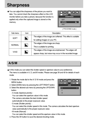 Page 5252SharpnessIn this mode you can select the shutter speed or aperture value to your preference.
The menu is available in A, S, and M modes. Please see page 39 and 40 for details of each
mode.
1. Rotate the mode dial to the A/ S/ M mode and press the
MENU button.
2. Select [ASM] menu by pressing the LEFT/RIGHT button.
3. Select the desired sub menu by pressing the UP/DOWN
button.
- A mode (Aperture priority) :
You can select the aperture value in this mode. 
The camera calculates the best shutter speed...