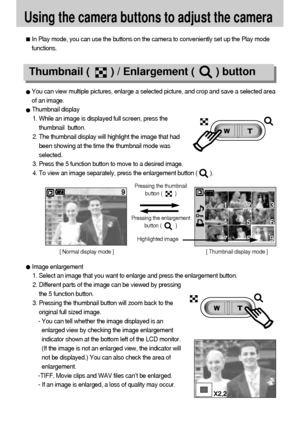 Page 5858
Thumbnail (       ) / Enlargement (       ) button 
Using the camera buttons to adjust the camera
In Play mode, you can use the buttons on the camera to conveniently set up the Play mode
functions.
Image enlargement
1. Select an image that you want to enlarge and press the enlargement button.
2. Different parts of the image can be viewed by pressing
the 5 function button.
3. Pressing the thumbnail button will zoom back to the
original full sized image.
- You can tell whether the image displayed is an...