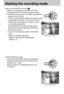 Page 2424NIGHT SCENE mode (         )
This mode is used at night or against a dark background.
Configure the shutter speed by zoom scale (Long Time
shutter) with the +/- button.
Please see page 44 for a detailed description for Long
Time shutter.Starting the recording modeHow to use the MOVIE CLIP mode (         )
Steps from 1-4 are the same as those for AUTO mode.
5. Select the MOVIE CLIP mode by rotating the mode dial.
6. The MOVIE CLIP mode icon and available recording time will
display on the LCD monitor....