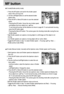 Page 4040MF button1. Press the MF button and wait for the shutter speed
value in the LCD to go red.
2. Use the Left/Right buttons to set the desired shutter
speed value.
3. Press the MF or Menu/OK button to save the selected
values.
- Pressing the MF button: Saves the new shutter speed
and displays the focus adjust icon (
AF
).
To set manual focusing, set the distance as shown in page 38. To set automatic focusing,
press the MF button again.
- Pressing the Menu/OK button: The camera goes into shooting mode...