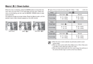 Page 2726_RECORDING
Mode Auto ( Š )
Focus Type Auto macro ( 
d ) Normal
Focus rangeW : 10 ~ Inﬁ nity
 T  : 50 ~ Inﬁ nityW : 80 ~ Inﬁ nity
 T  : 80 ~ Inﬁ nity
Mode Program ( ‰ )
Focus Type macro ( 
e ) Normal
Focus rangeW : 10 ~ 80
 T  : 50 ~ 80W : 80 ~ Inﬁ nity
 T  : 80 ~ Inﬁ nity
Mode DIS Mode ( ÿ )
Focus Type Auto macro ( 
d ) Normal
Focus rangeW : 10 ~ Inﬁ nity
 T  : 50 ~ Inﬁ nityW : 80 ~ Inﬁ nity
 T  : 80 ~ Inﬁ nity
Macro(e )
 / Down button

 Types of focus mode and focus range (W : Wide, T : Tele)(Unit:...