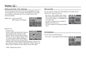 Page 4544_SETUP
Display ( ,
 )

 World Time
- Available cities:
London, Cape Verde, Mid-Atlantic, Buenos 
Aires, Newfoundland, Caracas, La Paz, 
NewYork, Miami, Chicago, Dallas, Denver, 
Phoenix, LA, San Francisco, Alaska, Hono-
lulu, Hawaii, Samoa, Midway, Wellington, 
Auckland, Okhotsk, Guam, Sydney, Darwin 
Adelaide, Seoul, Tokyo, Beijing, Hong Kong, Bankok, Jakarta, Yan-
gon, Almaty, Kathmandu, Mumbai, New Delhi, Tashkent, Kabul, Abu 
Dhabi, Teheran, Moscow, Athens, Helsinki, Rome, Paris, Berlin
Ä
 DST :...