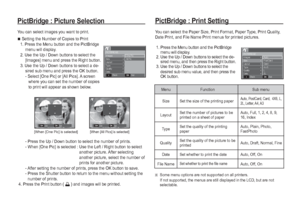 Page 6968_
PLAY
PictBridge : Picture Selection
You can select images you want to print.

 Setting the Number of Copies to Print
 1.  Press the Menu button and the PictBridge 
menu will display.
 2.  Use the Up / Down buttons to select the 
[Images] menu and press the Right button.
 3.  Use the Up / Down buttons to select a de-
sired sub menu and press the OK button.
 -  Select [One Pic] or [All Pics]. A screen 
where you can set the number of copies 
to print will appear as shown below.
  - Press the Up / Down...