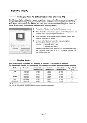 Page 21
English-18
SETTING THE PC
The Windows display-settings for a typical computer are shown below. The actual screens on your PC
may be different depending upon your particular version of Windows and your particular video card.
Even if your actual screens look different, the same, basic set-up information will apply in almost all
cases. (If not, contact your computer manufacturer or Samsung Dealer.)

1.First, click on “Control Panel” on the Windows start menu.
2. When the control panel window appears, click...