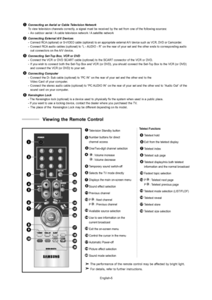 Page 8
English-5
Connecting an Aerial or Cable Television Network 
To view television channels correctly, a signal must be received by the set from one of the following sources\
:
- An outdoor aerial / A cable television network / A satellite network
Connecting External A/V Devices 
-
Connect RCA (optional) or S-VIDEO cable (optional) to an appropriate external A/V device such as VCR, DVD or Camcorder.- Connect RCA audio cables (optional) to “L - AUDIO - R” on the rear of your set and the other ends to...