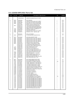 Page 476 Electrical Parts List
6-25
0 LE20S51BPX/XEU LE20S51BP,Q10H/20A82-GPU,20,LCD-TV,UNITE
0.1 M0216 BN90-00709A ASSY STAND;SP201 S.N.A
..2 M0081 6003-001324 SCREW-TAPTITE;BH,+,B,M4,L16,NI PLT,SWRCH 4 S.N.A
..2 M0045 BN96-01626A ASSY STAND P-SET;SPARTA 20,HIPS,HB,GR86, 1 S.A
...3 M0081 6003-001001 SCREW-TAPTITE;FH,+,B,M3,L8,ZPC(BLK),SWRC 5 S.N.A
...3 BN61-01465A BRACKET-STAND BOTTOM;SP20CO,SECC,T1.0 1 S.N.A
...3 M0111 BN63-01611A COVER-STAND;SP20,HIPS,HB,GR86,SV012P 1 S.N.A
...3 BN63-01612A COVER-STAND...