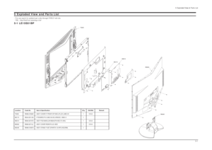 Page 695 Exploded View & Parts List
5-1
5 Exploded View and Parts List- You can search for updated part codes through ITSELF web site.
URL : http://itself.sec.samsung.co.kr/5-1 LE15S51BP
M0045 M0002 M0014
M0174 T0003
Location Code.No Item & Specification Qty SA/SNA Remark
T0003 BN96-01864E ASSY COVER P-FRONT;SP15EO,(PLUS1),ABS,V0 1 S.N.A
M0174 BN44-00112A IP BOARD;IP-31.6W(13V,5V),VENICE,1.5MA~3 1
M0014 BN94-00747D ASSY PCB MAIN;LW15M24CPX/XEC,PL15KU 1 S.N.A
M0002 BN90-00712J ASSY COVER REAR;PLUS,15EO 1 S.N.A...