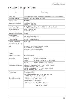 Page 912 Product Specifications
2-3
2-3 LE20S51BP Specifications
LCD PanelTFT-LCD panel, RGB vertical stripe, normaly white, 20-Inch viewable, 0.511 (H) x 0.511(V)mm pixel pitch
Scanning FrequencyHorizontal :  28 ~ 47 kHz / Vertical :  50 ~ 75Hz
Display Colors 16.7 Million
Maximum Resolution   Horizontal : 800 Pixels
Vertical     : 600 Pixels
Input Video Signal Analog 0.7 Vp-p ± 5% positive at 75
, internally terminated 
Input Sync Signal Type :  Seperate H/V
Level :  TTL level
Maximum Pixel Clock rate80 MHz...