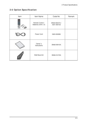 Page 932 Product Specifications
2-5
2-5 Option Specification
Item Item Name
Remote Control /
Batteries (AAA x 2)
Power Cord
Owner s
Instructions
Wall Mount kitBN59-00437A /
4301-000103
3903-000085
BN68-00910A
BN96-01270A
Code.No Remark  
 