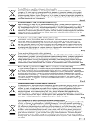 Page 34
Korrekt avfallshantering av produkten (elektriska och elektroniska prod\
ukter)Denna markering på produkten, tillbehören och i manualen anger att\
 produkten och de elektroniska tillbehören (t.ex. laddare, headset, USB-kabel) inte bör sorteras tillsammans med annat hushållsavfall\
 när de kasseras. Till förebyggande av skada på miljö och hälsa bör dessa föremål hanteras separat för ändamålsenlig återv\
inning av beståndsdelarna. Hushållsanvändare bör kontakta den återförsäljare som sålt produkten eller...