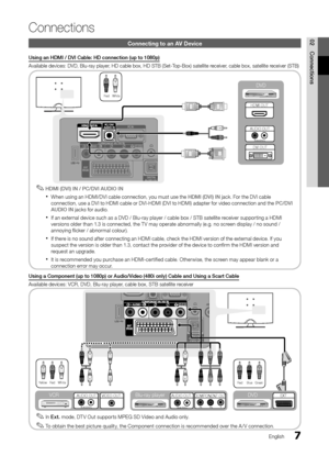 Page 77English
02Connections
Connections
Connecting to an AV Device
Using an HDMI / DVI Cable: HD connection (up to 1080p)
Available devices: DVD, Blu-ray player, HD cable box, HD STB (Set-Top-Box) satellite receiver, cable box, satellite receiver (STB)
HDMI (DVI) IN / PC/DVI AUDIO IN 
✎
When using an HDMI/DVI cable connection, you must use the  
xHDMI (DVI) IN jack. For the DVI cable 
connection, use a DVI to HDMI cable or DVI-HDMI (DVI to HDMI) adapter for video connection and the PC/DVI 
AUDIO IN jacks for...