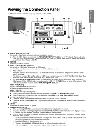 Page 1111
English
Getting Started
Viewing the Connection Panel
The product colour and shape may vary depending on the model. ■
1 DIGITAL AUDIO OUT (OPTICAL) Connects to a Digital Audio component such as a Home theatre receiver.When the HDMI IN jacks are connected, the  ■DIGITAL AUDIO OUT (OPTICAL) jack on the TV outputs 2 channel audio only.  If you want to hear 5.1 channel audio, connect the Optical jack on the D\
VD / Blu-ray player or Cable / Satellite Box directly to an Amplifier or Home Theatre, not the...