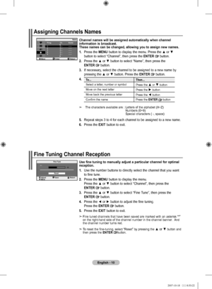 Page 12English - 0
Channel names will be assigned automatically when channel 
information is broadcast.  
t
hese names can be changed, allowing you to assign new names.
.    Press the  MEnu button to display the menu. Press the ▲ or ▼ 
button to select “Channel”, then press the  E
 ntEr  button.
.  Press the ▲ or ▼ button to select “Name”, then press the   
E

ntEr  button.
3. 
  If necessary, select the channel to be assigned to a new name by  
pressing the ▲ or ▼ button. Press the  E ntEr...