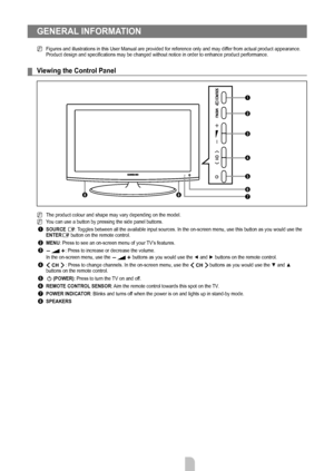Page 4English - 2
GENERAL INFORMATION
Figures and illustrations in this User Manual are provided for reference\
 only and may differ from actual product appearance. 
Product design and specifications may be changed without notice in order to enhance product performance.
Viewing the Control Panel
The product colour and shape may vary depending on the model.
You can use a button by pressing the side panel buttons.
1 SOURCE E: Toggles between all the available input sources. In the on-screen menu, u\
se this...