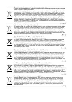 Page 35
Правилно третиране на изделието след края на експлоатационния му живот(Отпадъци, представляващи електрическо и електронно оборудване)(Важи за държавите на Европейския съюз и други европейски държави със системи за разделно сметосъбиране)Този знак, поставен върху изделието, негови принадлежности или печатни материали, означава, че продуктът и принадлежностите (например зарядно устройство, слушалки, USB кабел) не бива да се изхвърлят заедно с другите битови отпадъци, когато изтече експлоатационният му...