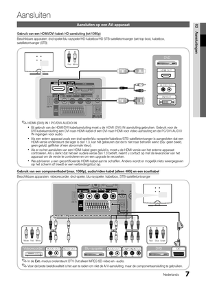 Page 1067Nederlands
02
Aansluitingen
Aansluiten op een AV-apparaat
Gebruik van een HDMI/DVI-kabel: HD-aansluiting (tot 1080p)
Beschikbare apparaten: dvd-speler/blu-rayspeler/HD-kabelbox/HD STB-satellietontvan\
ger (set-top-box), kabelbox,  
satellietontvanger (STB)
HDMI (DVI) IN / PC/DVI AUDIO IN ✎
Bij gebruik van de HDMI/DVI-kabelaansluiting moet u de  xHDMI (DVI) IN -aansluiting gebruiken. Gebruik voor de 
DVI-kabelaansluiting een DVI-naar-HDMI-kabel of een DVI-naar-HDMI voor video-aansluiting en de  PC/DVI...