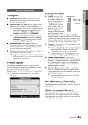 Page 12021Nederlands
03
Basisfuncties
Het menu Ondersteuning
Zelfdiagnose
Het beeld testen (Ja / Nee) ■: Controleer hiermee of 
er problemen met het beeld zijn en als een probleem 
aanhoud, het kleurpatroon. 
Het geluid testen (Ja / Nee)
 ■ : Gebruik de ingebouwde 
melodie om te controleren of er geluidsproblemen zijn. 
Als u geen geluid hoort via de luidsprekers van de 
 ✎tv controleert u voordat u de geluidstest uitvoert 
of in het menu Geluid  de optie Luidspreker 
selecteren  is ingesteld op TV-luidspreker...