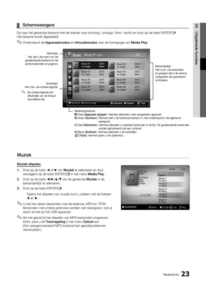 Page 12223Nederlands
04
Uitgebreide functies
Schermweergave ¦
Ga naar het gewenste bestand met de toetsen voor omhoog / omlaag / links\
 / rechts en druk op de toets ENTERE.  
Het bestand wordt afgespeeld.
Ondersteunt de 
 ✎Apparaatmodus  en Inhoudsmodus  voor de homepage van  Media Play.
 
Muziek
Muziek afspelen
1. Druk op de toets ◄ of ► om Muziek te selecteren en druk 
vervolgens op de toets ENTERE in het menu Media Play.
2.  Druk op de toets ◄/►/▲/▼  om de gewenste Muziek in de 
bestandenlijst te...