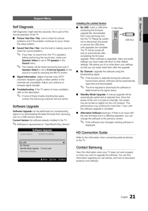 Page 2121English
03Basic FeaturesSupport Menu
Self Diagnosis
Self Diagnostic might take few seconds, this is part of the 
normal operation of the TV.
Picture Test (Yes / No)
 
■ : Use to check for picture 
problems and if the problem continues to occur check 
the colour pattern. 
Sound Test (Yes / No)
 
■ : Use the built-in melody sound to 
check for sound problems. 
If you hear no sound from the T V’s speakers, 
 
✎before performing the sound test, make sure 
Speaker Select is set to T V speaker in the 
Sound...