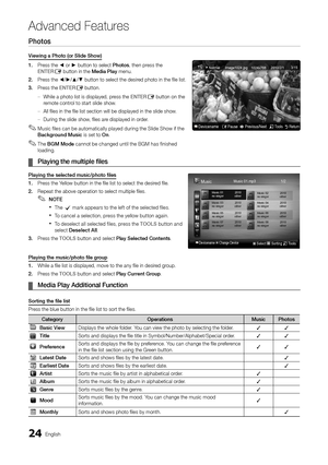 Page 24
24
English

Advanced Features

Photos
Viewing a Photo (or Slide Show)
1.  Press the ◄ or ► button to select Photos, then press the 
ENTER
E button in the Media Play menu.
2. 
 
Press the ◄/►/▲/▼ button to select the desired photo in the file list.
3.
 
Press the 
ENTER
E button.
While a photo list is displayed, press the 
 
– ENTER
E button on the 
remote control to start slide show.
All files in the file list section will be displayed in the slide sh\
ow.
 
– During the slide show, files are displayed...