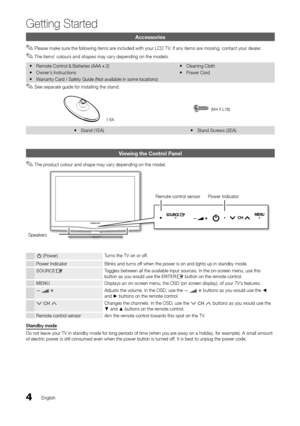 Page 44English
Getting Started
Accessories
Please make sure the following items are included with your LCD T V. If any items are missing, contact your dealer. 
✎
The items’ colours and shapes may vary depending on the models. 
✎
Remote Control & Batteries (AAA x 2)
 
y
Owner’s Instructions
 
y
Warranty Card / Safety Guide (Not available in some locations)
 
y Cleaning Cloth
 
y
Power Cord
 
y
See separate guide for installing the stand.
 
✎
1 EA
(M4 X L16) 
Stand (1EA)
 
y Stand Screws (2EA)
 
y
Viewing the...