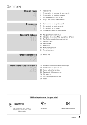 Page 363Français
Sommaire
Mise en route 
4
4 Accessoires
4  Présentation du panneau de commande
5  Présentation de la télécommande
6  Raccordement à une antenne
6  Plug & Play (configuration initiale)
Connexions  
7
7 Connexion à un périphérique AV
8  Connexion à un système audio
8  Connexion à un ordinateur
10  Changement de la source d’entrée
Fonctions de base  
10
10 Navigation dans les menus
11  Utilisation du bouton INFO (Guide Now & Next)
11  Planification des émissions à regarder
12  Menus Chaîne
14...