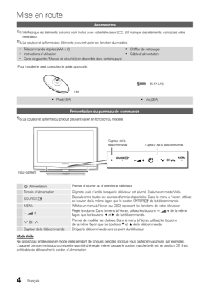 Page 374Français
Mise en route
Accessories
Vérifiez que les éléments suivants sont inclus avec votre téléviseur LCD. S’il manque des éléments, contactez votre  
✎r e v e n d e u r.
La couleur et la forme des éléments peuvent varier en fonction du modèle.
 
✎
Télécommande et piles (AAA x 2)
 
y
Instructions d’utilisation
 
y
Carte de garantie / Manuel de sécurité (non disponible dans certa\
ins pays)
 
y
Chiffon de nettoyage
 
y
Câble d’alimentation
 
y
Pour installer le pied, consultez le guide approprié.
1 EA...