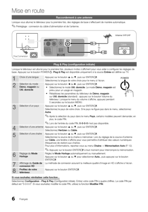 Page 396
Mise en route
Français
Raccordement à une antenne
Lorsque vous allumez le téléviseur pour la première fois, des réglages de base s’effectuent de manière automatique.Préréglage : connexion du câble d’alimentation et de l’antenne. 
 
✎ 
Prise D'alimentation
Antenne VHF/UHF
ouCâble
R-AUDIO-L PRPBY
ANT OUT
Plug & Play (confi guration initiale)
Lorsque le téléviseur est allumé pour la première fois, plusieurs invites s’affi chent pour vous aider à confi gurer les réglages de 
base. Appuyez sur le bouton...