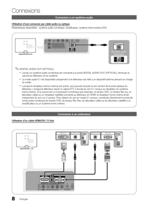 Page 418Français
Connexions
Connexion à un système audio
Utilisation d’une connexion par câble audio ou optique
Périphériques disponibles : système audio numérique, amplifi\
 cateur, système home cinéma DVDDIGITAL AUDIO OUT (OPTICAL)
 
✎
Lorsqu’un système audio numérique est connecté à la prise  
xDIGITAL AUDIO OUT (OPTICAL) , diminuez le 
volume du téléviseur et du système. 
Le mode audio 5.1 est disponible uniquement si le téléviseur est relié à un dispositif externe prenant en charge 
 
xce mode.
Lorsque le...