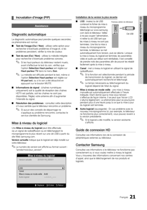 Page 5421Français
03Fonctions de baseIncrustation d’image (PIP)
 
¦
Assistance
Diagnostic automatique
Le diagnostic automatique peut prendre quelques secondes; 
ce phénomène est normal.
Test de l’image (Oui / Non) 
 
■ : utilisez cette option pour 
rechercher d’éventuels problèmes d’image et, si les 
problèmes persistent, vérifier la mire de couleur. 
Test du son (Oui / Non) 
 
■ : utilisez la mélodie intégrée 
pour rechercher d’éventuels problèmes sonores. 
Si les haut-parleurs du téléviseur restent muets,...