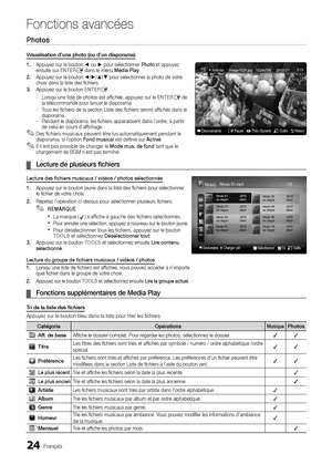 Page 57
24
Français

Fonctions avancées

Photos
Visualisation d’une photo (ou d’un diaporama)
1.  Appuyez sur le bouton ◄ ou ► pour sélectionner Photo et appuyez 
ensuite sur 
ENTER E dans le menu Media Play.
2. 
  Appuyez sur le bouton ◄/►/▲/▼ pour sélectionner la photo de votre 
choix dans la liste des fichiers.
3.
  Appuyez sur le bouton  ENTER E.
Lorsqu’une liste de photos est affichée, appuyez sur le 
 – ENTER E de 
la télécommande pour lancer le diaporama.
Tous les fichiers de la section Liste des...