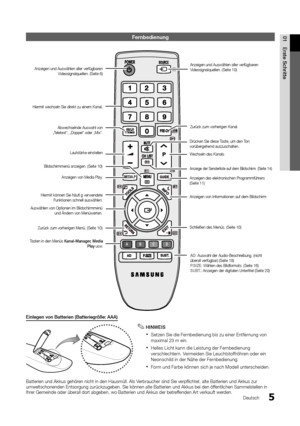 Page 715
01Erste Schritte
Deutsch
Fernbedienung
Einlegen von Batterien (Batteriegröße: AAA)
HINWEIS
 
✎
Setzen Sie die Fernbedienung bis zu einer Entfernung von  
xmaximal 23 m ein.
Helles Licht kann die Leistung der Fernbedienung 
 
xverschlechtern. Vermeiden Sie Leuchtstoffröhren oder ein 
Neonschild in der Nähe der Fernbedienung.
Form und Farbe können sich je nach Modell unterscheiden.
 
x
Batterien und Akkus gehören nicht in den Hausmüll. Als Verbraucher sind Sie verpfl ichtet, alte Batterien und Akkus zur...