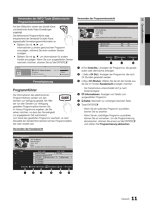 Page 7711Deutsch
03GrundfunktionenVerwenden der INFO-Taste (Elektronische 
Programmzeitschrift)
Auf dem Bildschirm werden der aktuelle Kanal 
und bestimmte Audio/Video-Einstellungen 
angezeigt.
Die elektronische Programmführer zeigt 
entsprechend der Sendezeit für jeden Kanal 
tagesaktuelle Fernsehprogramminformation an.
 
Blättern Sie mit 
 
y ◄, ►, um 
Informationen zu einem gewünschten Programm 
anzuzeigen, während Sie einen anderen Sender 
anzeigen. 
Blättern Sie mit 
 
y ▲, ▼, um Informationen für andere...