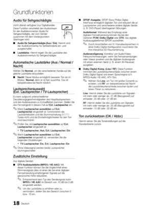 Page 8418Deutsch
Grundfunktionen
Audio für Sehgeschädigte 
(nicht überall verfügbar) (nur Digitalkanäle)
Diese Funktion verarbeitet den Audiostream 
für den Audiokommentar (Audio für 
Sehgeschädigte), der vom Sender 
zusammen mit dem Vordergrundton 
übertragen wird. Audio für Sehgeschädigte (Aus / Ein)
 
■ : Hiermit wird 
der Audiokommentar für Sehbehinderte ein- und 
ausgeschaltet.
Lautstärke
 
■ : Hiermit regeln Sie die Lautstärke des 
Audiokommentars für Sehgeschädigte.
Automatische Lautstärke (Aus / Normal...