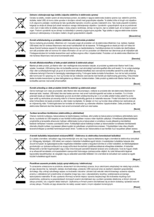 Page 45Ustrezno odstranjevanje tega izdelka (odpadna električna in elektronska oprema)Oznaka na izdelku, dodatni opremi ali dokumentaciji pomeni, da izdelka in njegove elektronske dodatne opreme (npr. električni polnilnik, 
slušalke, kabel USB) ob koncu dobe uporabe ni dovoljeno odvreči med gospodinjske odpadke. Te izdelke ločite od drugih vrst odpadkov 
in jih odgovorno predajte v recikliranje ter tako spodbudite trajnostno vnovično uporabo materialnih virov. Tako boste preprečili morebitno 
tveganje za okolje...