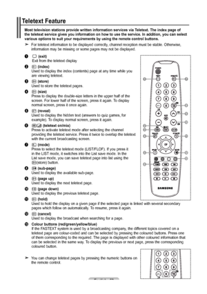 Page 54English - 5
Most television stations provide written information services via Teletext. The index page of 
the teletext service gives you information on how to use the service. In addition, you can select 
various options to suit your requirements by using the remote control buttons.
    For teletext information to be displayed correctly, channel reception must be stable. Otherwise, information may be missing or some pages may not be displayed.
1.	 (exit) 
Exit from the teletext display
2
   6...