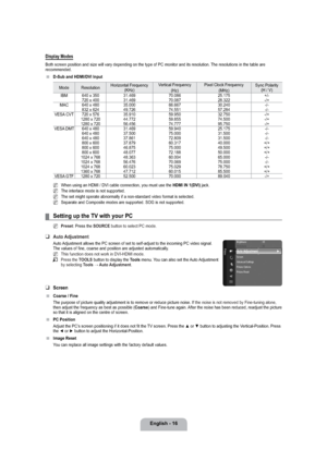 Page 18English - 16
Display Modes
Both screen position and size will vary depending on the type of PC monitor and its resolution. The resolutions in the table are 
recommended.
D-Sub and HDMI/DVI Input
Mode ResolutionHorizontal Frequency 
(KHz)Vertical Frequency 
(Hz)Pixel Clock Frequency 
(MHz)Sync Polarity 
(H / V)
IBM 640 x 350 31.469 70.086 25.175 +/-
720 x 400 31.469 70.087 28.322 -/+
MAC 640 x 480 35.000 66.667 30.240 -/-
832 x 624 49.726 74.551 57.284 -/-
VESA CVT 720 x 576 35.910 59.950 32.750 -/+
1280...