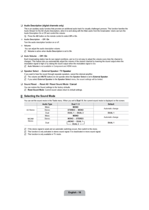 Page 20English - 18
Audio Description (digital channels only)
This is an auxiliary audio function that provides an additional audio track for visually challenged persons. This function handles the 
Audio Stream for the AD (Audio Description), when it is sent along with the Main audio from the broadcaster. Users can turn the 
Audio Description On or Off and control the volume.
Press the 
AD button on the remote control to select Off or On.
Audio Description → Off / 
On
Turn the audio description function on or...