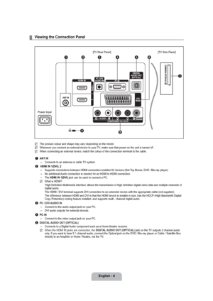 Page 6English - 4
Viewing the Connection Panel
The product colour and shape may vary depending on the model.
Whenever you connect an external device to your TV, make sure that power on the unit is turned off. 
When connecting an external device, match the colour of the connection terminal to the cable.
1 ANT IN
Connects to an antenna or cable TV system. 
2  HDMI IN 1(DVI), 2
Supports connections between HDMI-connection-enabled AV devices (Set-Top Boxes, DVD / Blu-ray player)
No additional Audio connection is...