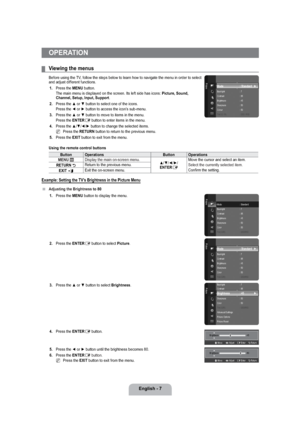 Page 9English - 7
OPERATION
Viewing the menus
Before using the TV, follow the steps below to learn how to navigate the menu in order to select 
and adjust different functions.
1. Press the MENU button.
The main menu is displayed on the screen. Its left side has icons: Picture, Sound, 
Channel, Setup, Input, Support.
2.
 Press the ▲ or ▼ button to select one of the icons.
Press the ◄ or ► button to access the icon’s sub-menu.
3. Press the ▲ or ▼ button to move to items in the menu.
Press the 
ENTER
E button to...