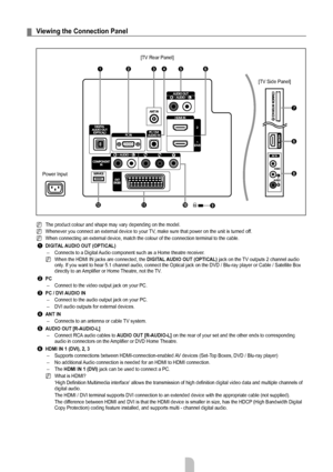 Page 5English - 3
Viewing the Connection Panel
The product colour and shape may vary depending on the model.
Whenever you connect an external device to your TV, make sure that power on the unit is turned off. 
When connecting an external device, match the colour of the connection t\
erminal to the cable.
1 DIGITAL AUDIO OUT (OPTICAL)
Connects to a Digital Audio component such as a Home theatre receiver.
When the HDMI IN jacks are connected, the  DIGITAL AUDIO OUT (OPTICAL) jack on the TV outputs 2 channel...