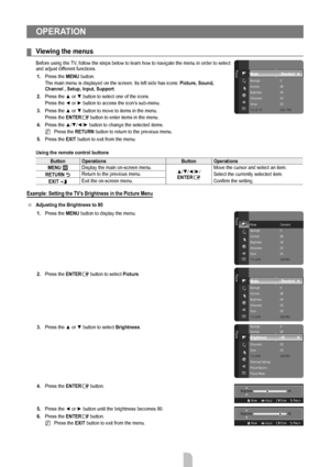 Page 8English - 
OPERATION
Viewing the menus
Before using the TV, follow the steps below to learn how to navigate the menu in order to select 
and adjust different functions.1.  Press the MENU button.
The main menu is displayed on the screen. Its left side has icons:  Picture, Sound, 
Channel , Setup, Input, Support .
2.

  Press the ▲ or ▼ button to select one of the icons.
Press the ◄ or ► button to access the icon’s sub-menu.
3.

  Press the ▲ or ▼ button to move to items in the menu.
Press the ENTER
E...