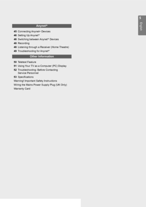 Page 5

English

Anynet+
45 Connecting Anynet+ Devices
46 
Setting Up Anynet+
46 
Switching between Anynet+ Devices
48 
Recording
48 
Listening through a Receiver (Home Theatre)
49 
Troubleshooting for Anynet+
Other Information
50 Teletext Feature
51 
Using Your TV as a Computer (PC) Display
52 
Troubleshooting: Before Contacting  
  Service Personne
l
53 
Specifications
Warning! Important Safety Instructions
Wiring the Mains Power Supply Plug (UK Only)
Warranty Card

[550-UK]BN68-02324J-00Eng.indb...