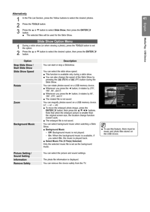 Page 41
1
English
Media Play - USB Device

Alternatively 
1 In the File List Section, press the Yellow buttons to select the desired photos.    
2 Press the TOOLS button.            
3 Press the ▲ or ▼ button to select Slide Show, then press the ENTERE button.The selected files will be used for the Slide Show.
Slide Show Option Menu
1 During a slide show (or when viewing a photo), press the TOOLS button to set the option.
2 Press the ▲ or ▼ button to select the desired option, then press the ENTERE...