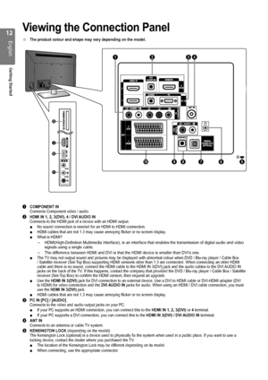 Page 12
1
English
Getting Started

Viewing the Connection Panel
The product colour and shape may vary depending on the model.
1 COMPONENT IN  Connects Component video / audio.
2 HDMI IN 1, 2, 3(DVI), 4 / DVI AUDIO IN Connects to the HDMI jack of a device with an HDMI output.No sound connection is needed for an HDMI to HDMI connection.HDMI cables that are not 1.3 may cause annoying flicker or no screen dis\
play.What is HDMI?
HDMI(High-Definition Multimedia Interface), is an interface that enabl\
es the...