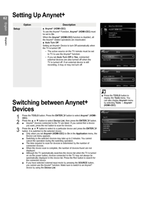 Page 62

English
Anynet+

Setting Up Anynet+
OptionDescription
SetupAnynet+ (HDMI-CEC) 
To use the Anynet+ Function, Anynet+ (HDMI-CEC) must be set to On.
When the Anynet+ (HDMI-CEC) function is disabled, all the Anynet+ related operations are deactivated.Auto Turn Off 
Setting an Anynet+ Device to turn Off automatically when the TV is turned Off.
The active source on the TV remote must be set to TV to use the Anynet+ function.
If you set Auto Turn Off to Yes, connected external devices are also...