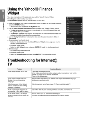 Page 76

English
Internet@TV

Using the Yahoo!® Finance 
Widget
View stock information and the latest stock news with the Yahoo!® Finance Widget.
Press the green button to set up your stocks.
Use the Add New Symbol menu to enter the name of a new stock.
Select the stock you want to add from the search results and select the \
Add Symbol menu and press the ENTERE button.
The selected stock is added to the My Stocks list.Use the Import Symbols From Yahoo!® menu to retrieve your Yahoo!® Finance...