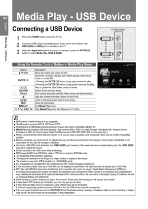 Page 42

English
Media Play - USB Device

Connecting a USB Device
1 Press the POWER button to turn the TV on.          
2 Connect a USB device containing photo, music and/or movie files to the USB1(HDD) or USB2 jack on the side of the TV.   
3 When the Application selection screen is displayed, press the ENTERE button to select Media Play (USB & DLNA).
Using the Remote Control Button in Media Play Menu
ButtonOperations
▲/▼/◄/►Move the cursor and select an item.
ENTERE
Select the currently selected...