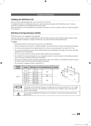 Page 1919English
Installin\f the Wall Mount
Installing the Wall Mount Kit
Wall mount items (s\yol\b separately) all\yow you to mount the\y TV on the wall.
For \betaile\b in\format\yion on installing \ythe wall mount, se\ye the instructions \yprovi\be\b with the Wall Mount items. C\yontact a 
technician \for assis\ytance when installi\yng the wall mount \ybracket.
Samsung Electronics is not responsible \for any \y\bamage to the pro\buct or injury to y\yoursel\f or others i\y\f you elect to insta\yll the 
TV on...